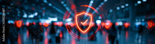 Airlinestravel insurance concept with glowing shield icon in busy airport terminal, symbolizing safety, protection and peace of mind for travelers in modern transportation environment