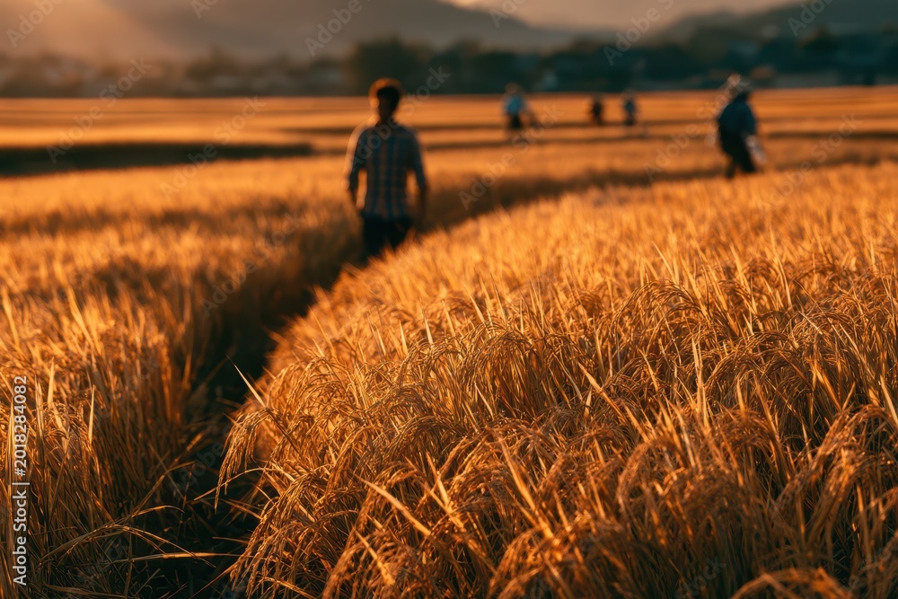 Obraz premium Golden hour sunlight illuminates a vast rice paddy field with farmers walking in the distance.