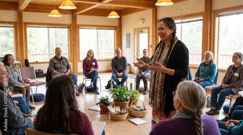 Indigenous Woman Facilitating Community Healing Circle Inside Traditional Wooden Community Center