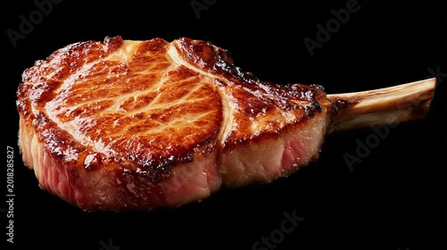 Juicy pork chop with perfect sear. Golden crust hints at expert cooking. Rose-colored interior promises tender bite. Bone adds rustic, appetizing charm. Isolated against black background