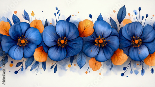 Beautiful watercolor banner featuring vibrant row of large, deep blue flowers with bright orange centers, interspersed with delicate blue leaves and small clusters of orange petals against soft, off-w