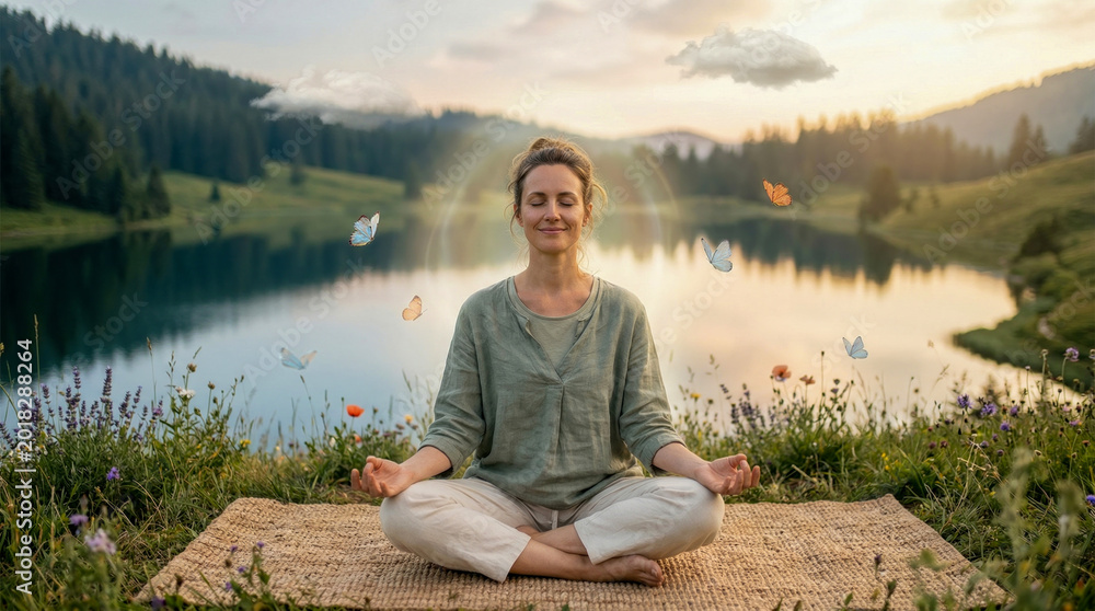 Fototapeta premium Serene woman meditating in peaceful natural landscape beside tranquil lake, surrounded by blooming wildflowers and gracefully fluttering butterflies during golden sunset, embodying harmony and inner p