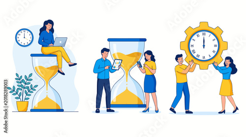 Business Teamwork Achieving Goals with Time Management Tools Illustration