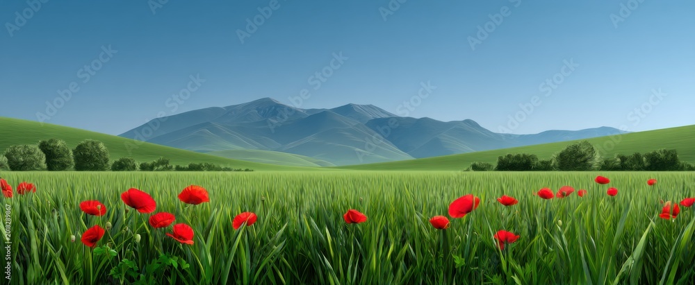 Obraz premium Vibrant cornfield with red poppies and mountains on a clean white background