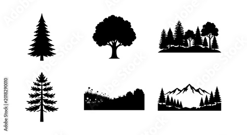 Bild auf Leinwand Forest Landscape Silhouettes, Pine Trees and Mountains, Nature Scene Vector Icon