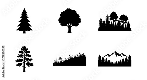 Fotografie Forest Landscape Icons, Nature Scenes, Mountain Silhouette, Pine Tree Vector Gra