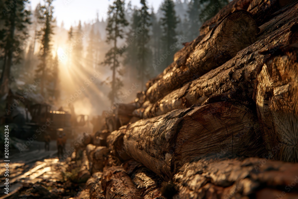 Fototapeta premium Sunbeams pierce through a misty forest, illuminating a stack of freshly cut logs in a logging operation.