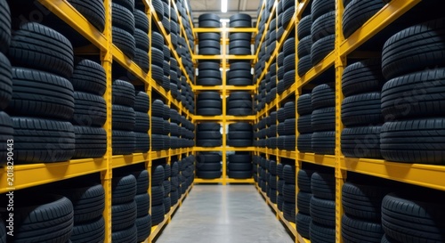 A long aisle in a large warehouse filled with numerous stacks of new, dark-colored vehicle tires neatly arranged on bright yellow metal shelving units.
