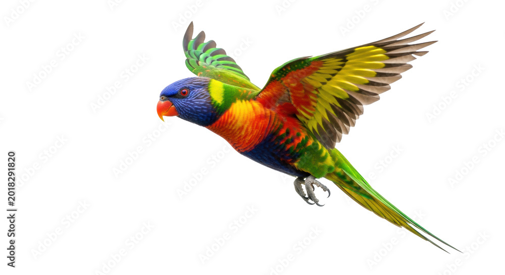 Fototapeta premium majestic rainbow lorikeet in dynamic mid-flight, vibrant iridescent blue, emerald green, and fiery red plumage, isolated against a bright white background, conveying the vibrant beauty of nature