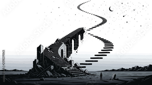 Принти на полотні Surreal black and white vector art of person standing before floating cosmic stone staircase ruins