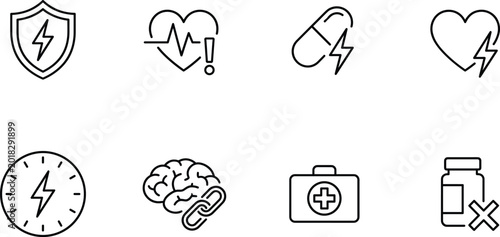 Photos Medical Supplement and Health Warning Icon Set Featuring Heart Rate, Energy Pill