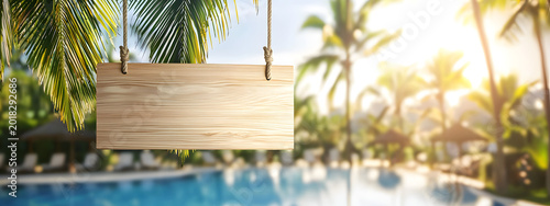 A blank wooden sign hanging by a pool with palm trees and sunny weather – a resort banner concept, a vacation advertising backdrop