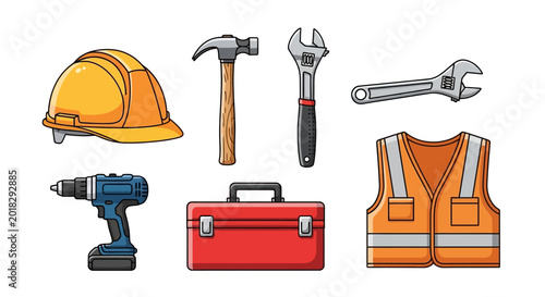 Photos Construction tools and safety equipment set.