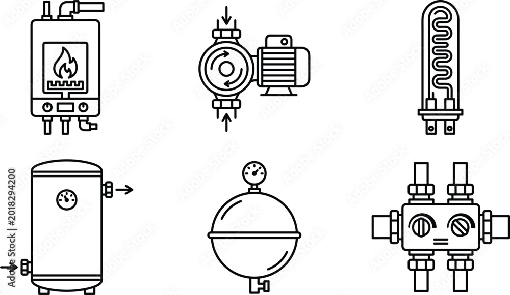 Fototapeta premium Comprehensive Heating System Icon Set Including Gas Boiler, Water Pump, Storage Tank, Expansion Vessel, and Manifold for HVAC and Plumbing Service Designs