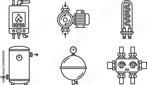 Bild auf Leinwand Comprehensive Heating System Icon Set Including Gas Boiler, Water Pump, Storage