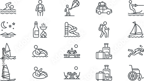 Bild auf Leinwand Adventure and Outdoor Activity Icon Collection Featuring Swimming, Camping, Sailing, Hiking, Surfing, Travel, Diving, Picnic, and Vacation Symbols for Tourism and Digital Designs