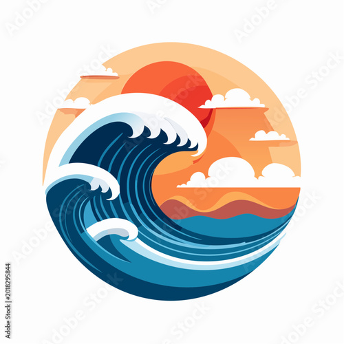 Stylized Ocean Wave at Sunset with Clouds