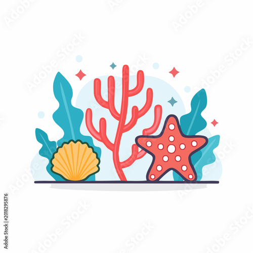 Stylized Underwater Scene with Coral, Starfish, and Seashell