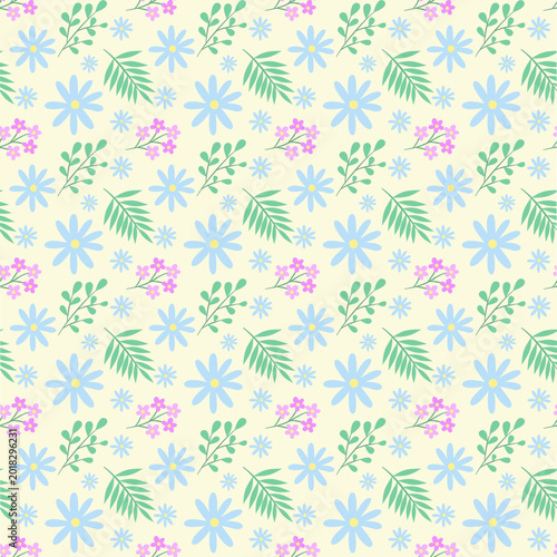 Cute Pastel Floral Seamless Pattern with Blue Flowers and Green Leaves