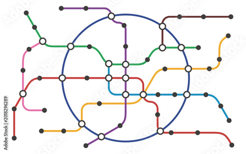 Urban transit lines intersecting in circular schematic diagram