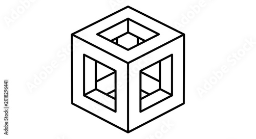 Naklejka Optical illusion cube drawing, impossible object, wireframe isometric view, a 3D geometric shape creating a paradox