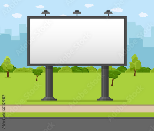 Large blank billboard standing in urban park foreground