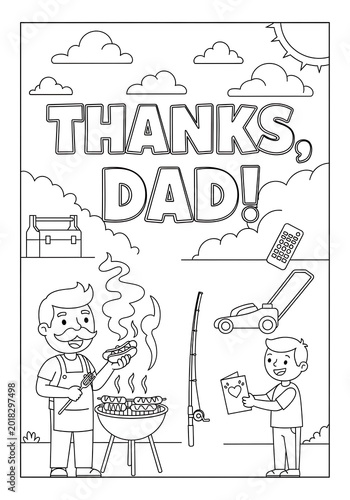 Outline illustration for coloring features a father grilling while a child presents a heartfelt greeting card