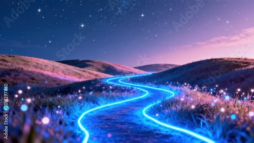 Starry path glowing in grassy hills