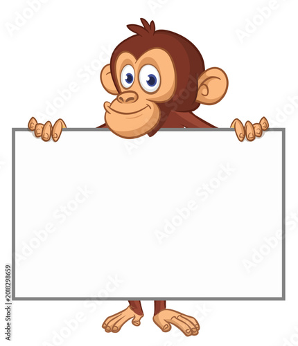 Photography Cartoon monkey chimpanzee holding blank empty white paper or placard for menu or greetings