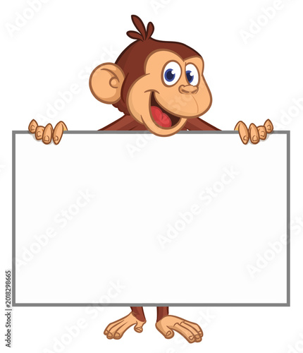 Photography Cartoon monkey chimpanzee holding blank empty white paper or placard for menu or greetings