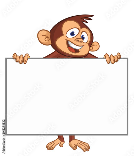 Canvas Print Cartoon monkey chimpanzee holding blank empty white paper or placard for menu or greetings
