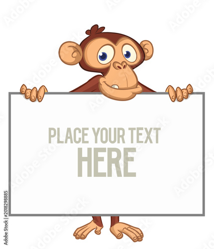 Photography Cartoon monkey chimpanzee holding blank empty white paper or placard for menu or greetings