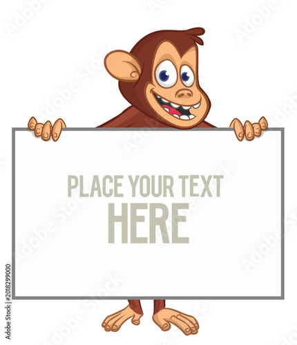 Photography Cartoon monkey chimpanzee holding blank empty white paper or placard for menu or greetings
