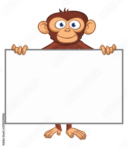 Photography Cartoon monkey chimpanzee holding blank empty white paper or placard for menu or greetings