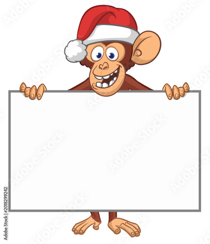 Photography Cartoon monkey chimpanzee holding blank empty white paper or placard for menu or greetings wearing Santa hat