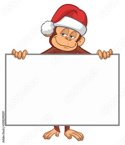 Photography Cartoon monkey chimpanzee holding blank empty white paper or placard for menu or greetings wearing Santa hat
