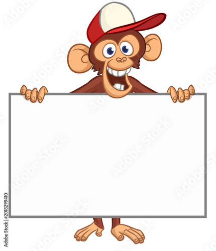 Canvas Print Cartoon monkey chimpanzee holding blank empty white paper or placard for menu or greetings