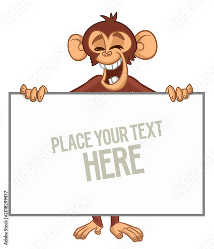 Photography Cartoon monkey chimpanzee holding blank empty white paper or placard for menu or greetings