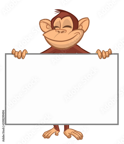 Canvas Print Cartoon monkey chimpanzee holding blank empty white paper or placard for menu or greetings