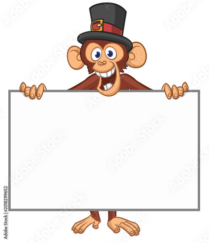 Photography Cartoon monkey chimpanzee holding blank empty white paper or placard for menu or greetings wearing top hat