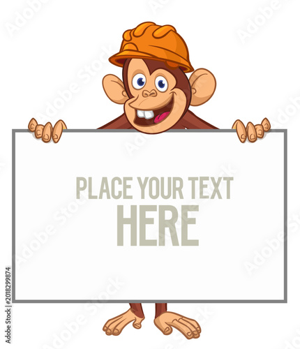 Photography Cartoon monkey chimpanzee holding blank empty white paper or placard for menu or greetings
