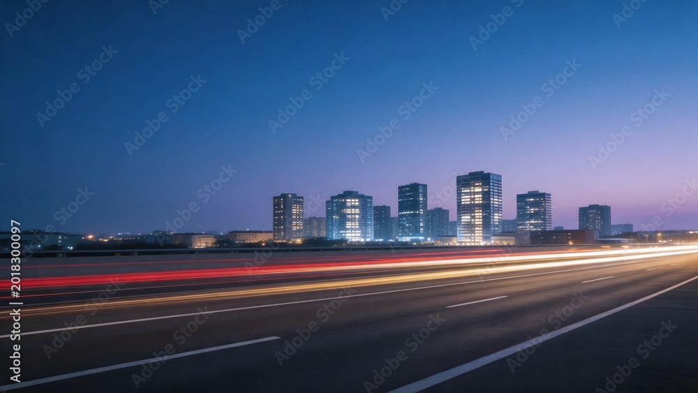 Fototapeta premium City skyline at dusk with light trails