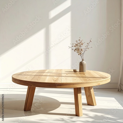 Natural wood round coffee table with dried flowers and vase, bright room