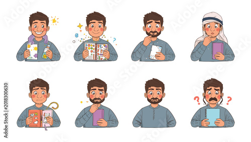 Slika na platnu A Man's Emotional Journey: This illustration depicts a man experiencing a spectrum of emotions, from joy and excitement to contemplation and confusion, as he interacts with various objects