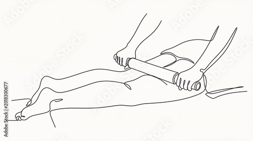 Woman receiving leg massage with foam roller. One line drawing of physiotherapist working with patient for muscle recovery. Concept of physical therapy, rehabilitation and sport health.