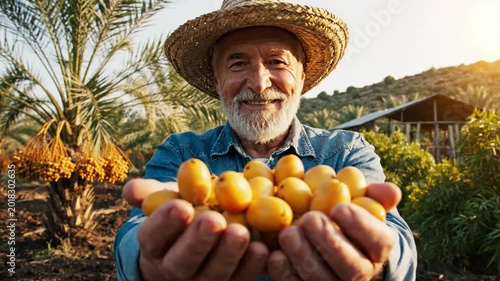 Cheerful Farmer in Straw Hat Presenting Freshly Harvested Dates, Orchard Background, Golden Hour Sunlight
