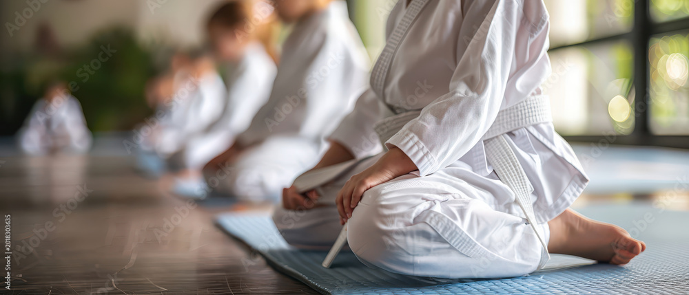 Fototapeta premium Young karate students kneeling on training mat during martial arts class. Discipline, focus, respect and physical development concept.