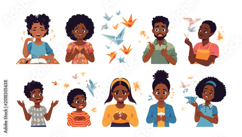 Cuadro en lienzo Flying Paper Birds with African descent: A collection of illustrations shows individuals of African descent in a variety of poses, all of them accompanied by the beautiful origami birds