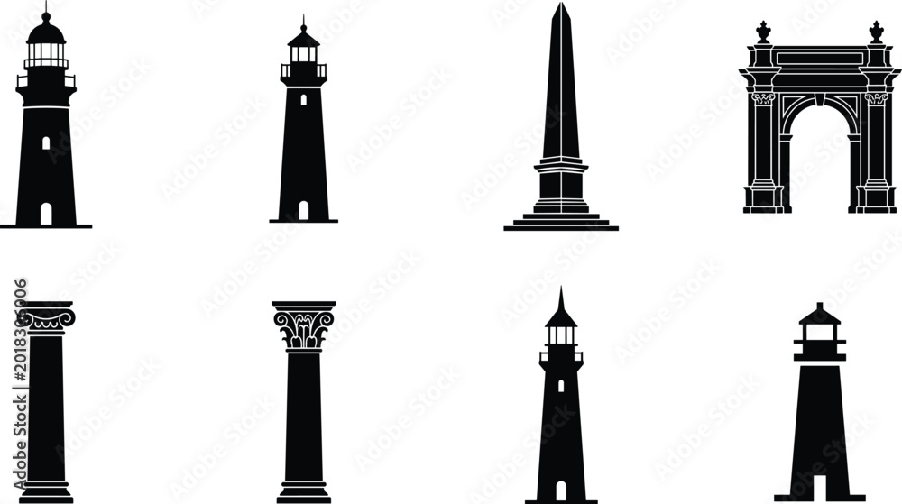 Fototapeta premium Landmark silhouette collection featuring lighthouse, monument, column, and arch structures for architecture design, travel, heritage, and historical themes