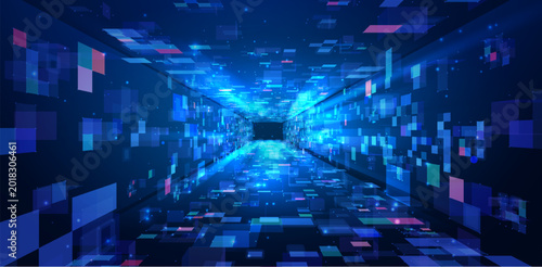 Tunnel with neon planes, abstract techno digital vector background, data center corridor with blue light glowing blocks